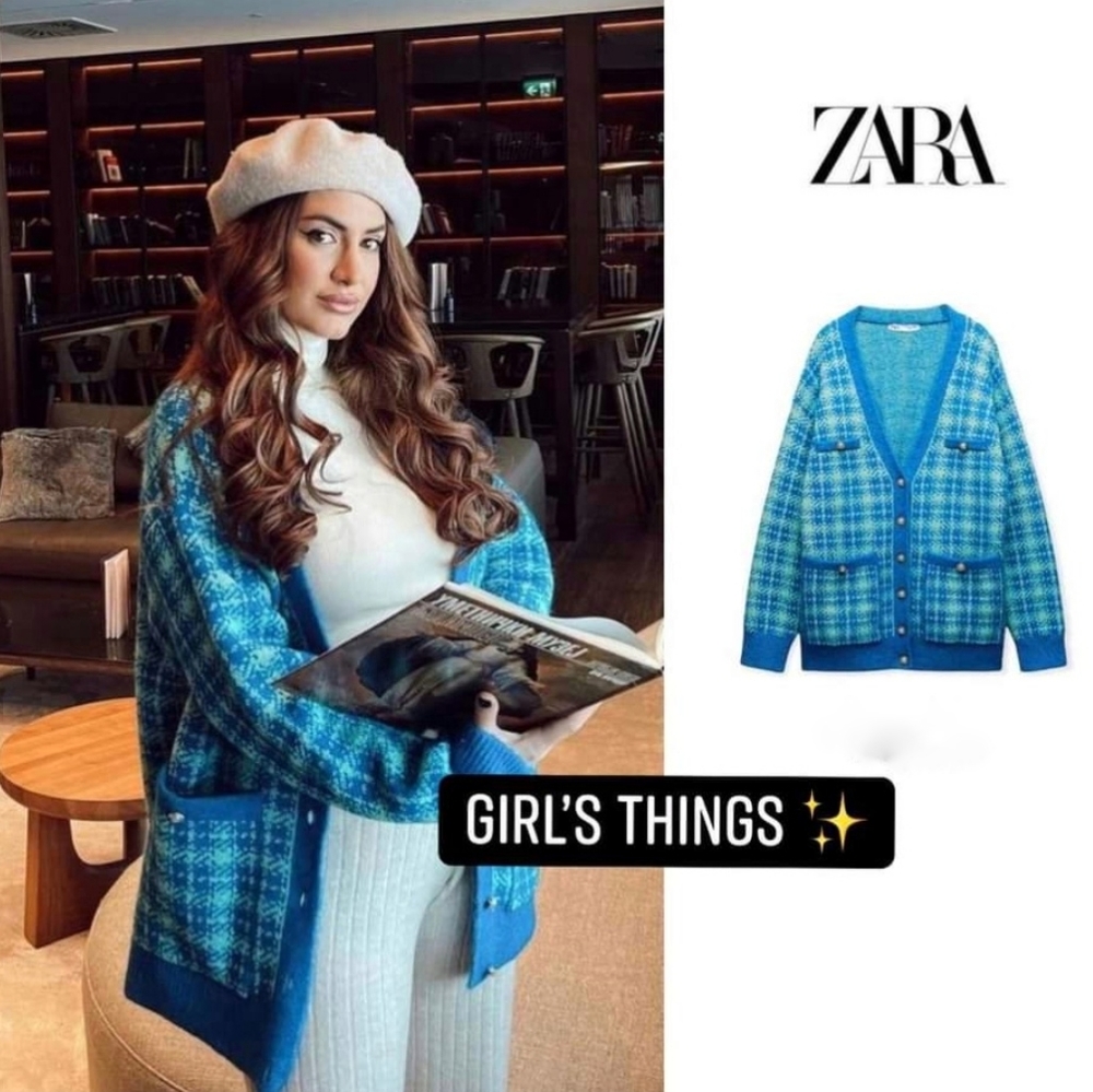 Zara * Plaid Knit Long Cardigan Jacket Blue - Picture 11 of 14